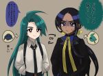  2girls 99_(tomato_on1000) ahoge alternate_hairstyle arrow_(symbol) black_jacket black_necktie black_pants blue_eyes blush bright_pupils brown_background brown_eyes closed_mouth collared_shirt commentary_request dark-skinned_female dark_skin geeta_(pokemon) green_hair hair_ribbon hairstyle_switch hands_in_pockets heart highres jacket long_hair multiple_girls neck_ribbon necktie pants pokemon pokemon_(game) pokemon_sv ponytail ribbon rika_(pokemon) shirt smile speech_bubble suspenders sweatdrop translation_request white_pupils yellow_ribbon 
