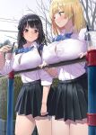  2girls bare_tree black_hair blonde_hair blue_bow blue_bowtie bow bowtie breast_rest breasts brown_hair button_gap closed_mouth cup disposable_cup drink drinking_straw green_eyes kaisen_chuui leaning_on_rail long_hair looking_at_another multiple_girls original outdoors railing school_uniform serafuku smile striped striped_bow striped_bowtie tree 
