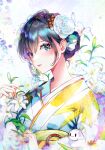  1girl blue_eyes blue_hair boros_(ouro_kronii) flower hair_flower hair_ornament holding holding_flower hololive hololive_english japanese_clothes kimono lips looking_at_viewer official_alternate_costume ouro_kronii short_hair solo sowon virtual_youtuber 