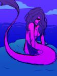 absurd_res black_eyes black_sclera blush blush_lines breasts dreamscreep fan_character featureless_breasts female fin gills hair hair_over_eye hi_res humanoid long_hair looking_at_viewer marine merfolk mermay nude one_eye_obstructed pink_body pink_skin purple_fin purple_hair rock sea sitting smile smiling_at_viewer solo split_form tail tail_fin water 