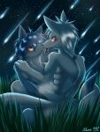  2016 3:4 absurd_res akino-kamihara anthro barely_visible_genitalia barely_visible_penis blue_body blue_fur blue_hair blush bodily_fluids canid canine canis convenient_censorship duo eye_contact from_front_position fur generation_1_pokemon genitals glowing glowing_eyes grass hair hi_res looking_at_another lotus_position male male/male mammal multi_tail night ninetales nintendo nude open_mouth orange_eyes outside penis plant pokemon pokemon_(species) saliva saliva_string sex shiny_pokemon shooting_star sitting sky star tail tongue tongue_out white_body white_fur wolf 