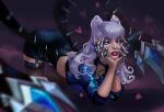  1girl absurdres black_skirt bracelet claws cropped_jacket demon_girl earrings evelynn_(league_of_legends) hands_on_own_face highres jewelry k/da_(league_of_legends) league_of_legends long_hair looking_at_viewer makeup open_clothes rainardaart skirt slit_pupils solo spikes the_baddest_evelynn white_hair yellow_eyes 