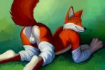  2022 anthro balls butt canid canine clothing digital_media_(artwork) fox fur genitals leggings leggings_only legwear looking_at_viewer male mammal nude orange_body orange_fur pinup pose raised_tail red_fox simple_background smile solo sylo tail white_body white_fur 