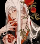  1boy bangs black_background black_kimono blunt_bangs branch brown_eyes fingernails food fruit hand_up head_tilt highres holding holding_food holding_fruit japanese_clothes kagoya1219 kimono leaf long_hair looking_at_viewer male_focus original pomegranate signature simple_background solo straight_hair upper_body white_hair 