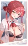  1girl :d absurdres black_bra bra breasts clock collared_shirt heterochromia highres hololive houshou_marine iroha_(unyun) large_breasts open_clothes open_mouth open_shirt red_eyes red_hair shirt smile solo twintails underwear upper_body virtual_youtuber window yellow_eyes 