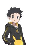  1boy asatsuki_(fgfff) bangs black_hair black_hoodie character_print closed_mouth commentary_request grey_eyes grey_shirt hand_in_pocket hood hood_down hoodie looking_at_viewer lucas_(pokemon) male_focus pikachu pokemon pokemon_(game) pokemon_bdsp shirt short_hair simple_background smile solo spiked_hair split_mouth tassel upper_body white_background 