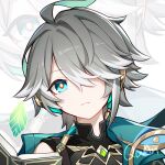  1boy ahoge alhaitham_(genshin_impact) aqua_eyes bangs bare_shoulders black_shirt cape chinese_commentary closed_mouth commentary compression_shirt gem genshin_impact green_cape green_gemstone grey_hair hair_between_eyes hair_over_one_eye looking_at_viewer male_focus multicolored_hair quan_(kurisu_tina) shirt short_hair shoulder_cape sidelocks signature sleeveless sleeveless_shirt solo upper_body white_hair zoom_layer 