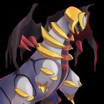  asatsuki_(fgfff) black_background black_sclera colored_sclera commentary_request giratina giratina_(altered) highres looking_down no_humans open_mouth pokemon pokemon_(creature) red_eyes simple_background solo spikes 