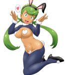  1girl :d animal_ears blue_pantyhose breasts dark-skinned_female dark_skin fake_animal_ears fake_tail full_body green_hair hands_up heart heart_pasties highres large_breasts long_hair looking_at_viewer mallow_(pokemon) meme_attire pantyhose pasties pokemon pokemon_(game) pokemon_sm rabbit_ears rabbit_tail reverse_bunnysuit reverse_outfit simple_background smile solo spoken_heart tail teeth tof twintails upper_teeth_only white_background 