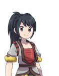  1boy asatsuki_(fgfff) bangs black_hair closed_mouth collarbone commentary_request fur-trimmed_jacket fur_trim grey_eyes grey_jacket jacket looking_at_viewer male_focus pokemon pokemon_(game) pokemon_legends:_arceus ponytail red_shirt rei_(pokemon) shirt short_sleeves simple_background smile solo split_mouth upper_body white_background 