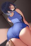  1girl arched_back ass bangs bare_arms bare_shoulders blue_hair blush closed_mouth commentary_request from_behind hand_on_another&#039;s_ass huyumitsu indoors looking_at_viewer looking_back mole mole_under_eye original purple_eyes short_hair smile solo_focus thighs 
