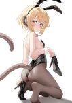  1girl :t adjusting_footwear ahoge alternate_costume andira_(granblue_fantasy) animal_ears ass back backless_leotard bare_arms bare_back bare_shoulders black_footwear black_leotard black_pantyhose blonde_hair blush bow bowtie breasts brown_pantyhose closed_mouth commentary detached_collar fake_animal_ears feet from_behind granblue_fantasy high_heels highleg highleg_leotard highres holding holding_shoes kimblee kneeling leotard looking_at_viewer monkey_ears monkey_tail orange_eyes pantyhose playboy_bunny pout rabbit_ears raised_eyebrows red_bow red_bowtie shoe_removed shoes short_hair sideboob simple_background single_shoe small_breasts soles solo strapless strapless_leotard tail white_background white_wrist_cuffs wrist_cuffs 