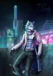  absurd_res anthro athletic athletic_anthro athletic_male blue_body blue_eyes blue_fur bottomwear brand_new_animal canid canine canis city clothed clothing coat collar echoeclair fur gloves handwear hi_res male mammal multicolored_body multicolored_fur pants raining shirou_ogami solo studio_trigger topless topless_anthro topless_male topwear two_tone_body two_tone_fur white_body white_fur wolf 