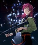  1boy assault_rifle bangs belt blue_eyes bracelet earrings ensemble_stars! glass_shards gun hair_between_eyes highres holding holding_gun holding_weapon jacker jewelry long_hair long_sleeves m4_carbine male_focus parted_lips purple_hair red_nails rifle ring rrr_(reason) saegusa_ibara sleeveless sleeveless_turtleneck sleeves_rolled_up solo turtleneck weapon 