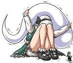  1girl black_footwear black_hairband black_ribbon bob_cut bow_hairband buhbuhbored charisma_guard collared_shirt frilled_skirt frills ghost green_skirt green_vest hair_ribbon hairband hitodama hitodama_print konpaku_youmu konpaku_youmu_(ghost) mary_janes puffy_short_sleeves puffy_sleeves ribbon scared shaking shirt shoes short_hair short_sleeves simple_background skirt skirt_set socks touhou vest white_background white_hair white_shirt 