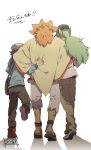  3boys alder_(pokemon) black_footwear blue_jacket brown_hair capri_pants commentary_request from_behind green_hair grey_pants hat highres hilbert_(pokemon) jacket leg_up long_hair long_sleeves male_focus multiple_boys n_(pokemon) orange_hair pants pokemon pokemon_(game) pokemon_bw poncho red_footwear sandals sanwari_(aruji_yume) shirt shoes spiked_hair standing torn_clothes torn_pants translation_request white_background white_pants 