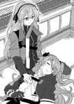  2girls book bookshelf girls&#039;_frontline greyscale hair_over_one_eye hand_on_another&#039;s_chest highres hood hooded_jacket indoors jacket lap_pillow long_hair mechanical_arms mod3_(girls&#039;_frontline) monochrome multiple_girls nakiusagi necktie single_mechanical_arm sleeping smile ump40_(girls&#039;_frontline) ump45_(girls&#039;_frontline) 