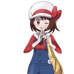  1girl ;) asatsuki_(fgfff) bangs blue_overalls blush bow brown_eyes brown_hair cabbie_hat closed_mouth cosplay eyelashes gloria_(pokemon) hands_up hat hat_bow holding_strap index_finger_raised long_hair lyra_(pokemon) lyra_(pokemon)_(cosplay) one_eye_closed overalls pokemon pokemon_(game) pokemon_hgss red_bow red_shirt shirt short_hair simple_background smile solo twintails white_background white_headwear yellow_bag 
