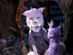  1girl aged_down animal_ears cat cat_ears cat_girl collar commentary_request different_reflection dual_persona funi_mu9 highres hololive indoors mirror nekomata_okayu off_shoulder open_mouth purple_eyes purple_hair reflection shirt short_hair sitting solo virtual_youtuber 