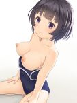  1girl bare_shoulders blue_one-piece_swimsuit blush breasts closed_mouth collarbone commentary_request gradient_background grey_background highres large_breasts looking_at_viewer meow_(nekodenki) nipples one-piece_swimsuit original purple_eyes short_hair sitting solo swimsuit thighs 