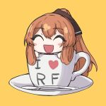 1girl :d ^_^ blush_stickers brown_hair chibi closed_eyes cup girls&#039;_frontline hair_rings heart i_heart... in_container in_cup long_hair minigirl nakiusagi saucer simple_background smile solo spoon springfield_(girls&#039;_frontline) teacup yellow_background 