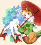  absurdres animal_ears bangs bare_shoulders detached_sleeves dress floral_background flower fox_ears fox_girl fox_tail fur_trim geta green_dress green_eyes hair_ornament highres holding holding_weapon hydrangea japanese_clothes kariginu katana kogitsunemaru_(tenka_hyakken) leaf maple_leaf nakatsu_kon oil-paper_umbrella orange_hair parted_bangs sheath sheathed short_hair sword tail tengu-geta tenka_hyakken thighhighs umbrella weapon wide_sleeves 