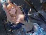  1girl armpits bangs blonde_hair blue_eyes blush breast_tattoo breasts breasts_apart commentary_request covering covering_breasts demon_girl demon_horns demon_tail demon_wings funi_mu9 green_eyes highres hololive horns ice large_breasts long_hair looking_at_viewer navel panties parted_lips pointy_ears restrained solo tail tattoo thigh_gap underwear virtual_youtuber wings yuzuki_choco 