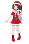  1girl alternate_costume asatsuki_(fgfff) bangs belt blush boots brown_eyes brown_hair closed_mouth collarbone commentary_request dress eyelashes full_body fur-trimmed_dress fur_trim gloria_(pokemon) hand_up happy hat highres holding holding_sack pokemon pokemon_(game) pokemon_swsh red_dress red_footwear red_headwear sack santa_costume santa_hat short_hair short_sleeves simple_background smile solo split_mouth white_background 