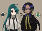  2girls 99_(tomato_on1000) ahoge alternate_hairstyle arrow_(symbol) black_jacket black_necktie black_pants blue_eyes blush bright_pupils brown_background brown_eyes closed_mouth collared_shirt commentary_request dark-skinned_female dark_skin geeta_(pokemon) green_hair hair_ribbon hairstyle_switch hands_in_pockets heart highres jacket long_hair multiple_girls neck_ribbon necktie pants pokemon pokemon_(game) pokemon_sv ponytail ribbon rika_(pokemon) shirt smile suspenders sweatdrop white_pupils yellow_ribbon 