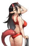  1girl ass black_hair breasts brown_eyes competition_swimsuit dragon_tail from_behind hand_up highres horns large_breasts long_hair looking_at_viewer looking_back one-piece_swimsuit original parted_lips pointy_ears pool_ladder puckered_lips red_horns red_one-piece_swimsuit simple_background slit_pupils solo standing swimsuit tail vins-mousseux wet wet_hair white_background 