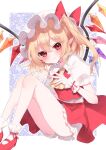  1girl ascot bangs blonde_hair closed_mouth crystal flandre_scarlet full_body hat hat_ribbon highres knees_up legs looking_at_viewer medium_hair mob_cap one_side_up outline pointy_ears red_eyes red_footwear red_ribbon red_skirt red_vest ribbon rori82li shirt short_sleeves skirt smile socks solo touhou vest white_headwear white_outline white_shirt white_socks wings wrist_cuffs yellow_ascot 