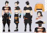  1boy abs bad_link black_hair blue_eyes cleavage_cutout clothing_cutout facial_hair grey_background hair_down hat holostars holostars_english jingasa josuiji_shinri long_hair male_focus midriff nagatekkou nitaka_(fujikichi) official_art reference_sheet tattoo 