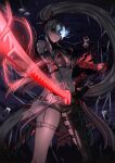  1girl 995080356 absurdres asymmetrical_legwear black_bra black_shorts bra breasts closed_mouth flaming_arm flaming_eye flaming_sword flaming_weapon hair_ribbon highres holding holding_sword holding_weapon jacket katana long_hair lucia:_crimson_abyss_(punishing:_gray_raven) mechanical_arms medium_breasts navel ponytail punishing:_gray_raven red_eyes red_ribbon ribbon shorts sword thigh_strap underwear weapon white_hair white_jacket 