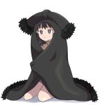 1girl asatsuki_(fgfff) bangs black_hair bright_pupils brown_sweater closed_mouth coat commentary_request dawn_(pokemon) frown grey_eyes hair_ornament hairclip pokemon pokemon_(game) pokemon_dppt shorts sidelocks simple_background sitting solo sweater white_background white_pupils 