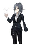  1girl absurdres amputee angelia_(girls&#039;_frontline) black_jacket black_pants coffee_cup collared_shirt commentary cowboy_shot cup disposable_cup english_commentary formal girls&#039;_frontline grey_eyes grey_hair hair_over_one_eye highres holding holding_cup holster jacket long_hair long_sleeves looking_at_viewer messy_hair myomu pants scar scar_on_face shirt simple_background smile solo suit thigh_holster white_background white_shirt 