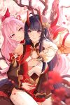  2girls alternate_color bangs bare_shoulders blue_eyes branch breasts character_signature china_dress chinese_clothes closed_mouth dress elf elysia_(honkai_impact) hair_ornament highres honkai_(series) honkai_impact_3rd horns long_hair long_sleeves looking_at_another mofumanju multiple_girls petals pink_eyes pink_hair pointy_ears purple_eyes purple_hair raiden_mei raiden_mei_(herrscher_of_thunder) red_dress smile thighhighs white_sleeves white_thighhighs yuri 