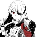  1girl aiming_at_viewer commentary english_commentary evelyn_(girls&#039;_frontline_nc) expressionless eyepatch f4_u girls&#039;_frontline girls&#039;_frontline_neural_cloud gloves greyscale gun hair_over_one_eye handgun holding holding_gun holding_weapon long_hair monochrome red_eyes red_gloves simple_background solo spot_color tactical_clothes upper_body walkie-talkie weapon white_background 