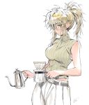  1girl bangs bare_shoulders belt blonde_hair blush breasts brown_eyes coffee_filter from_side hair_between_eyes holding holding_teapot large_breasts long_hair looking_at_viewer matsuda_(matsukichi) messy_hair midriff_peek original pants ponytail ribbed_sweater sidelocks signature sleeveless sleeveless_sweater solo sweater teapot white_background white_pants yellow_sweater 