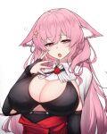  1girl absurdres animal_ears arknights black_bra bra breasts bright_pupils hair_ornament half-closed_eyes hand_up highres large_breasts long_hair looking_at_viewer open_mouth pink_eyes pink_hair pozyomka_(arknights) rikuguma simple_background solo underwear upper_body white_background white_pupils wolf_ears wolf_girl yawning 