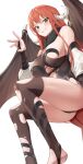  1girl absurdres blush breasts bridal_gauntlets brown_leotard clenched_teeth cross demon_girl demon_wings detached_sleeves goback green_eyes highres horns jewelry large_breasts leotard long_hair looking_at_viewer original red_hair simple_background smile solo teeth thighs white_background white_horns white_sleeves wings 
