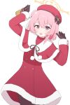  1girl absurdres black_gloves blue_archive feathers gloves hagoonha hair_ribbon handbell highres pink_eyes pink_hair ribbon santa_costume serina_(blue_archive) simple_background white_background 