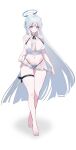  1girl absurdres ash_(cat7evy) bikini blue_archive breasts full_body grey_hair halo highleg highleg_bikini highres large_breasts long_hair looking_at_viewer navel noa_(blue_archive) purple_eyes smile solo swimsuit thigh_strap twitter_username 