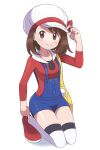  1girl asatsuki_(fgfff) bangs blue_overalls blush bow brown_eyes brown_hair cabbie_hat closed_mouth cosplay eyelashes full_body gloria_(pokemon) hand_on_headwear hat hat_bow highres kneeling lyra_(pokemon) lyra_(pokemon)_(cosplay) overalls pokemon pokemon_(game) pokemon_hgss pokemon_swsh red_bow red_footwear red_shirt shirt shoes short_hair simple_background smile solo split_mouth thighhighs white_background white_headwear yellow_bag 