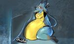  5:3 anthro caught doncogneetoe exclamation_point female_(lore) generation_4_pokemon glunk_(sound_effect) inflated_belly inflation lucario nintendo pokemon pokemon_(species) red_eyes solo story story_in_description water_inflation 