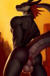  2022 anthro anus balls butt detailed_background digital_media_(artwork) dragon genitals hi_res horn male nude pinup pose smile solo sylo 