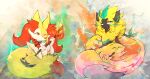 2023 abstract_background anthro braided_hair braixen canid canine cheek_tuft chest_tuft claws dipstick_tail duo electricity facial_tuft felid feline female finger_claws fire fur generation_6_pokemon generation_7_pokemon green_body green_eyes green_fur green_pawpads hair hi_res inner_ear_fluff legendary_pokemon male mammal markings nintendo pardonne pawpads pokemon pokemon_(species) red_body red_eyes red_fur red_nose shaded signature stick tail tail_markings thwillartz tuft white_body white_fur yanuna yellow_body yellow_fur zeraora 