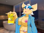  alcohol anthro areola bat beer beverage big_breasts blue_clothing blue_eyes blue_eyeshadow blue_shirt blue_topwear blush bodily_fluids breasts clothed clothing detailed_background eyelashes eyeshadow female fur head_tuft hi_res holding_beverage holding_object huge_breasts lipstick looking_at_viewer makeup mammal navel nipple_outline nipples one_breast_out panties partially_clothed pink_areola pink_clothing pink_lipstick pink_nipples pink_panties pink_underwear pubes rouge_the_bat sega shirt solo sonic_the_hedgehog_(series) sweat sweatdrop tan_body tan_fur thegrossmind thick_thighs topwear translucent translucent_clothing tuft underwear white_body white_fur white_pubes wide_hips 