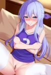  1girl anus bangs bar_censor bare_shoulders blue_eyes blue_hair blue_shirt blurry blurry_background blush bottomless bow breasts censored closed_mouth collarbone couch crossed_arms hair_between_eyes hair_bow huyumitsu indoors large_breasts long_hair looking_at_viewer on_couch original pillow purple_bow pussy shirt short_shorts shorts sidelocks sitting sleeveless sleeveless_shirt smile solo sportswear spread_legs thighhighs very_long_hair volleyball_uniform white_thighhighs 