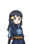  1girl akari_(pokemon) alternate_costume asatsuki_(fgfff) bangs black_hair black_sash black_shirt closed_mouth commentary_request diamond_clan_outfit eyelashes grey_eyes hair_ornament hairclip jacket long_hair looking_at_viewer pokemon pokemon_(game) pokemon_legends:_arceus sash shirt sidelocks simple_background smile solo split_mouth upper_body white_background 