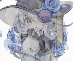  1girl black_headwear blue_flower blue_rose finger_to_own_chin flower frilled_shirt_collar frilled_sleeves frills green_eyes green_hair hair_over_one_eye hand_up hat hat_flower hat_ribbon highres komeiji_koishi long_sleeves looking_at_viewer medium_hair muted_color one_eye_covered parted_lips ribbon rose shirt simple_background sleeves_past_wrists smile solo soresaki third_eye touhou upper_body white_background wide_sleeves yellow_ribbon yellow_shirt 